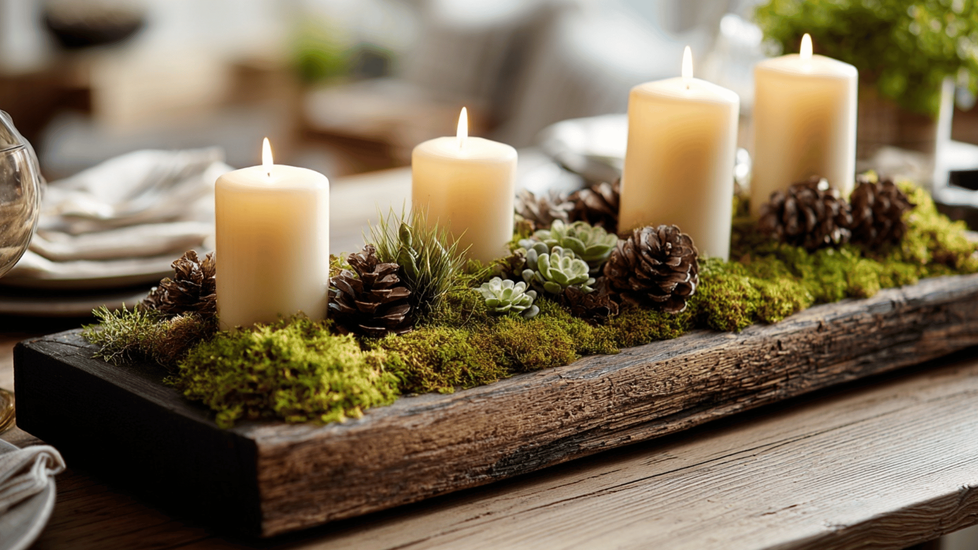 Wooden tray with candles, moss, and pinecones