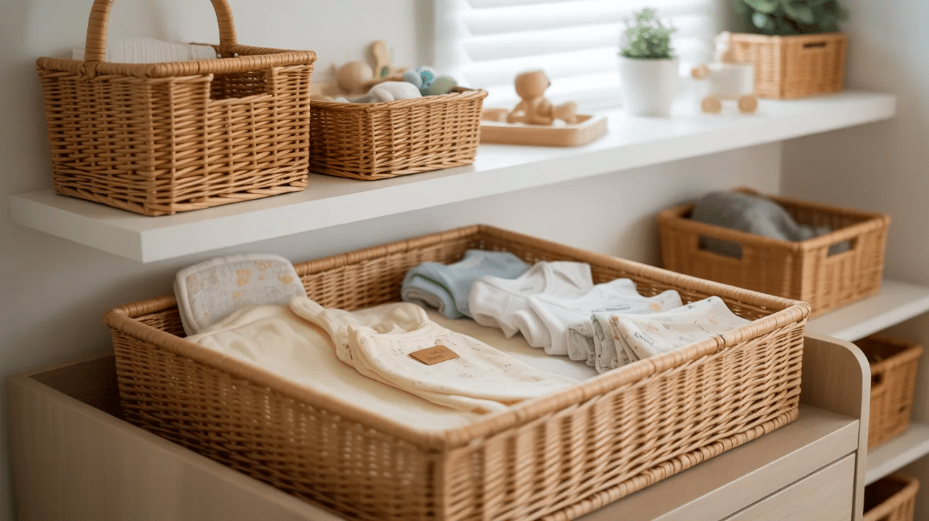 Woven baskets organizing nursery supplies.