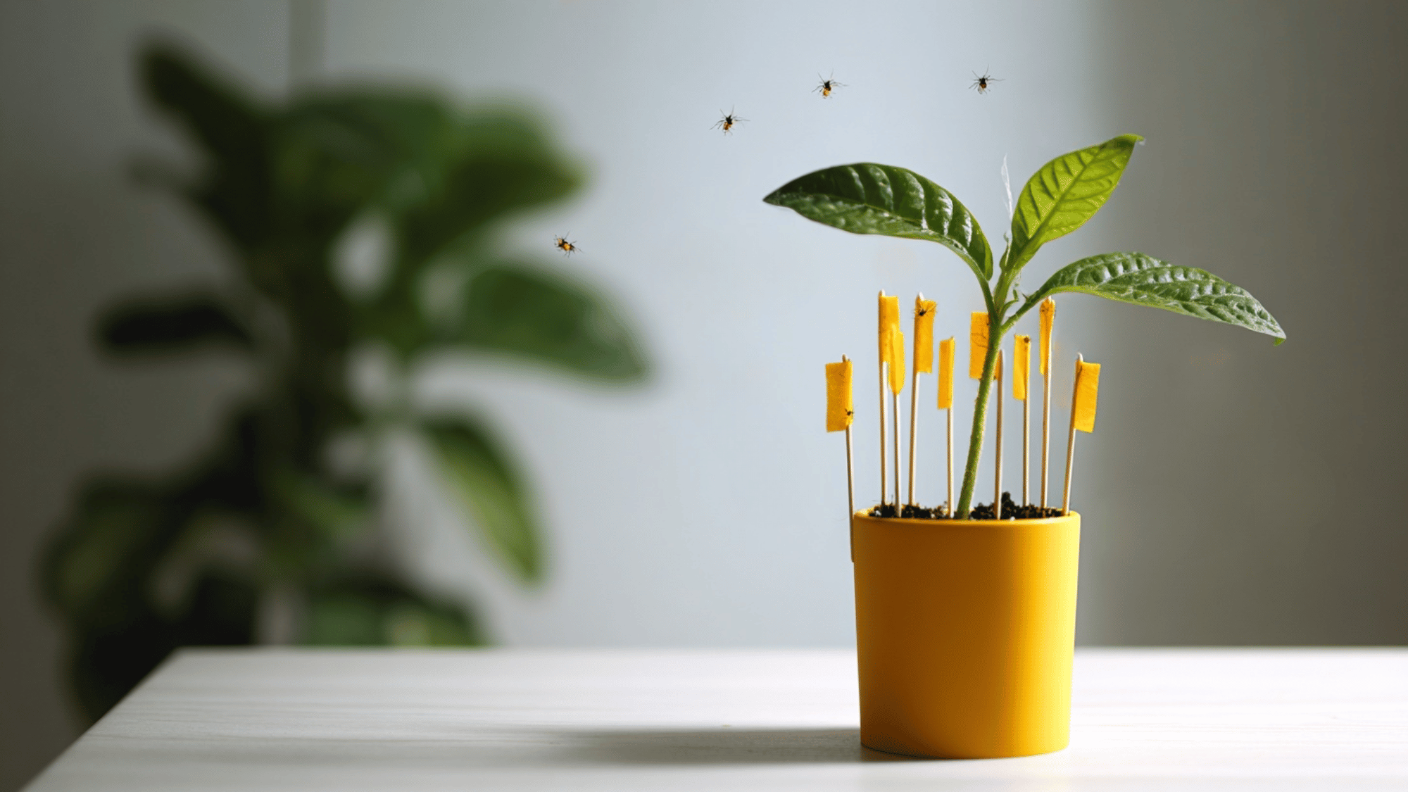 Yellow sticky trap placed near houseplant leaves to catch adult thrips.