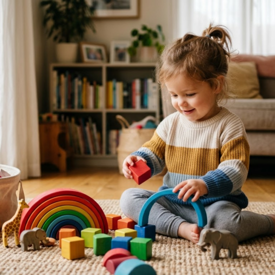 Young child playing with toys on floor showing early thinking and learning development at home