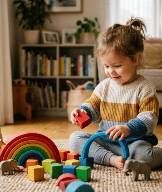 Young child playing with toys on floor showing early thinking and learning development at home