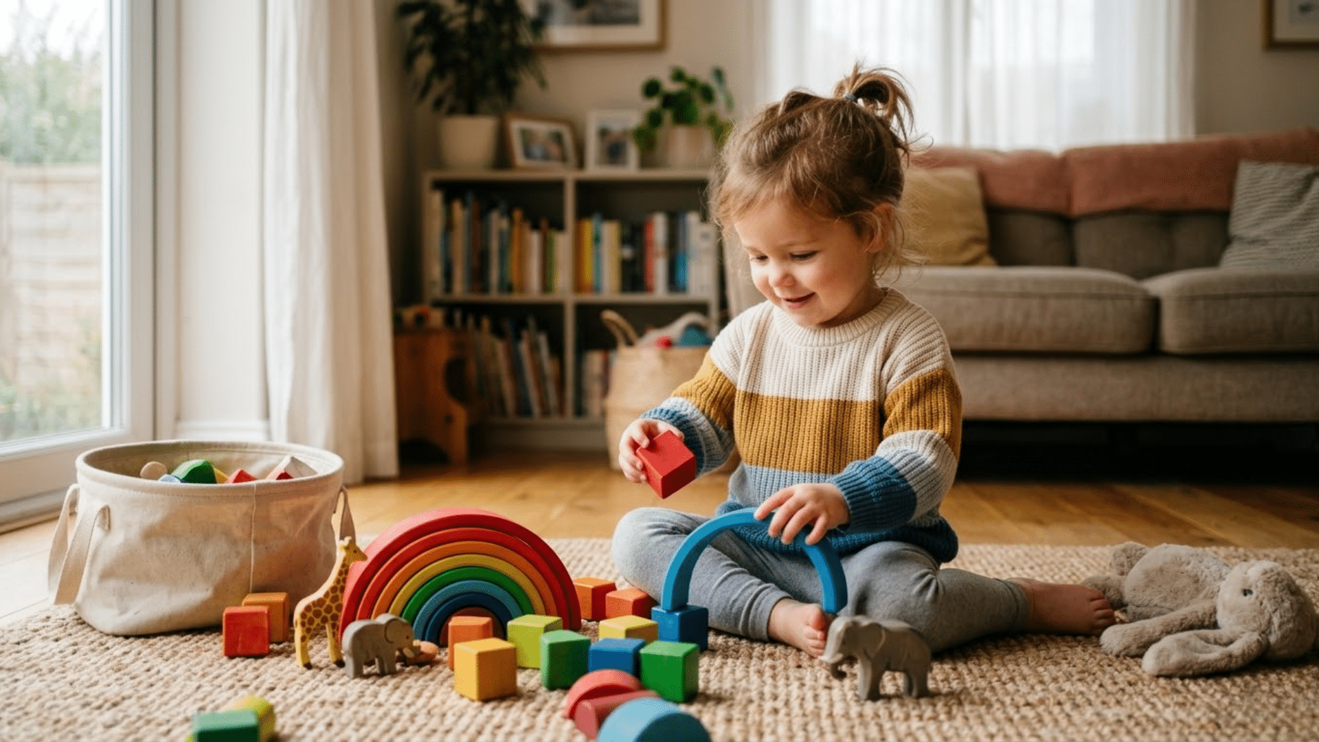 Young child playing with toys on floor showing early thinking and learning development at home