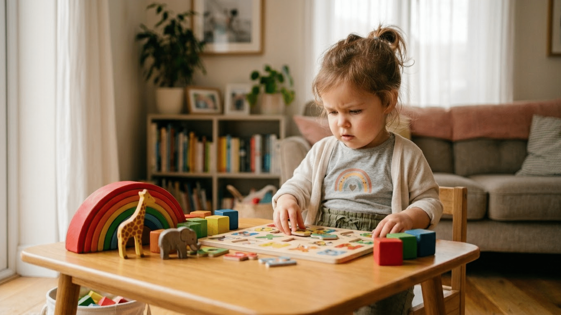 Young child solving puzzle showing development of memory focus and problem solving skills