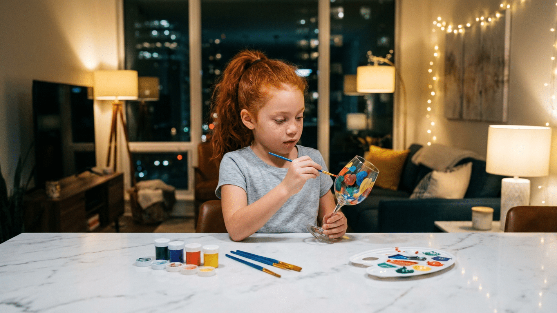 Young girl painting wine glasses with creative designs