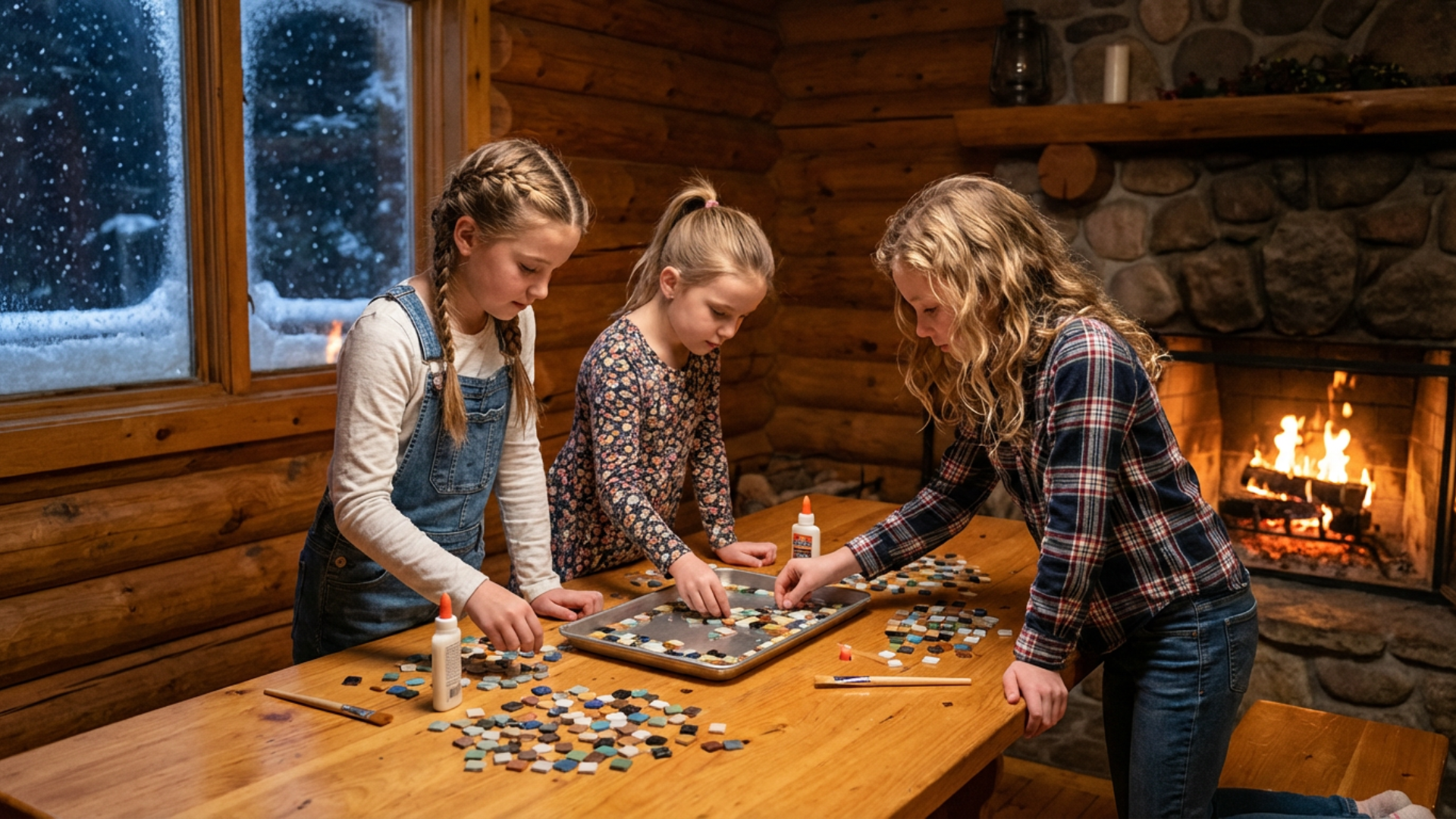 Young girls arranging colorful tiles on a tray to create a mosaic pattern