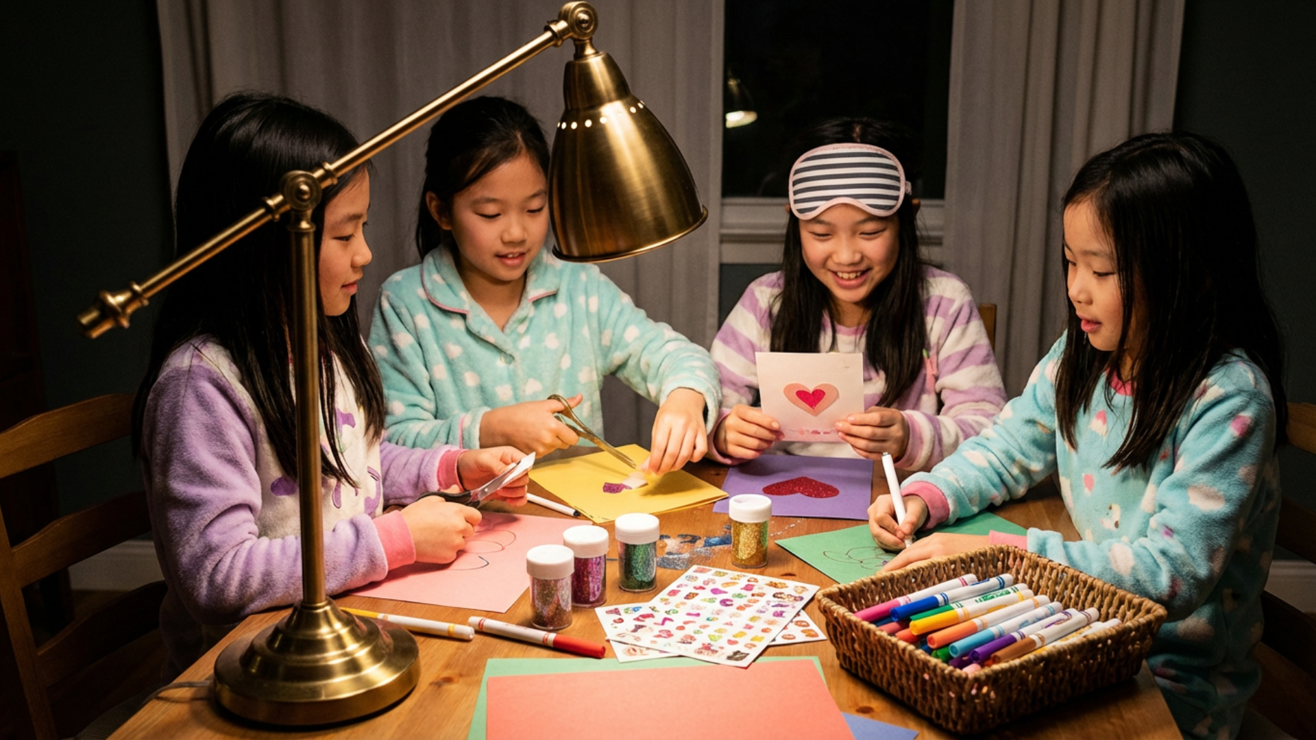 Young girls creating handmade greeting cards with paper, stickers, and markers, sitting together