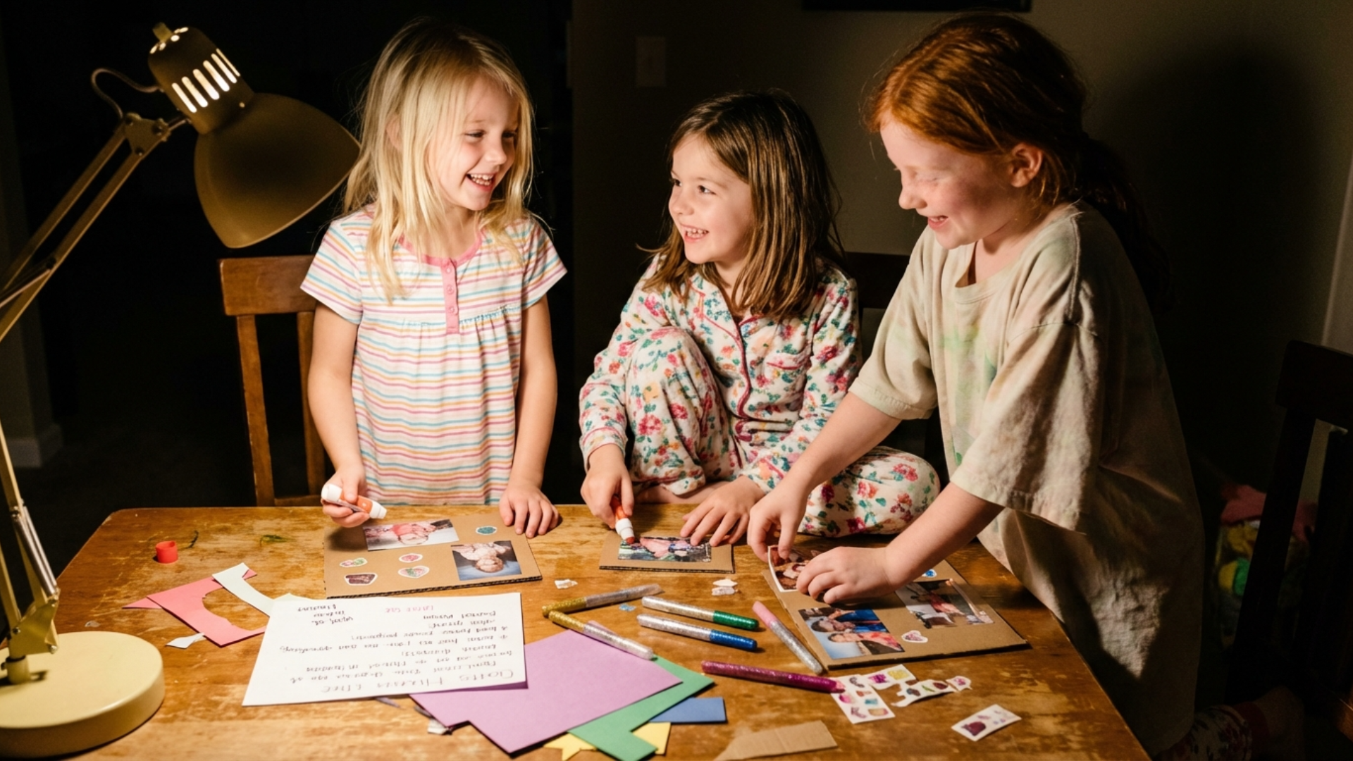 Young girls creating scrapbook cards with photos, stickers, and notes