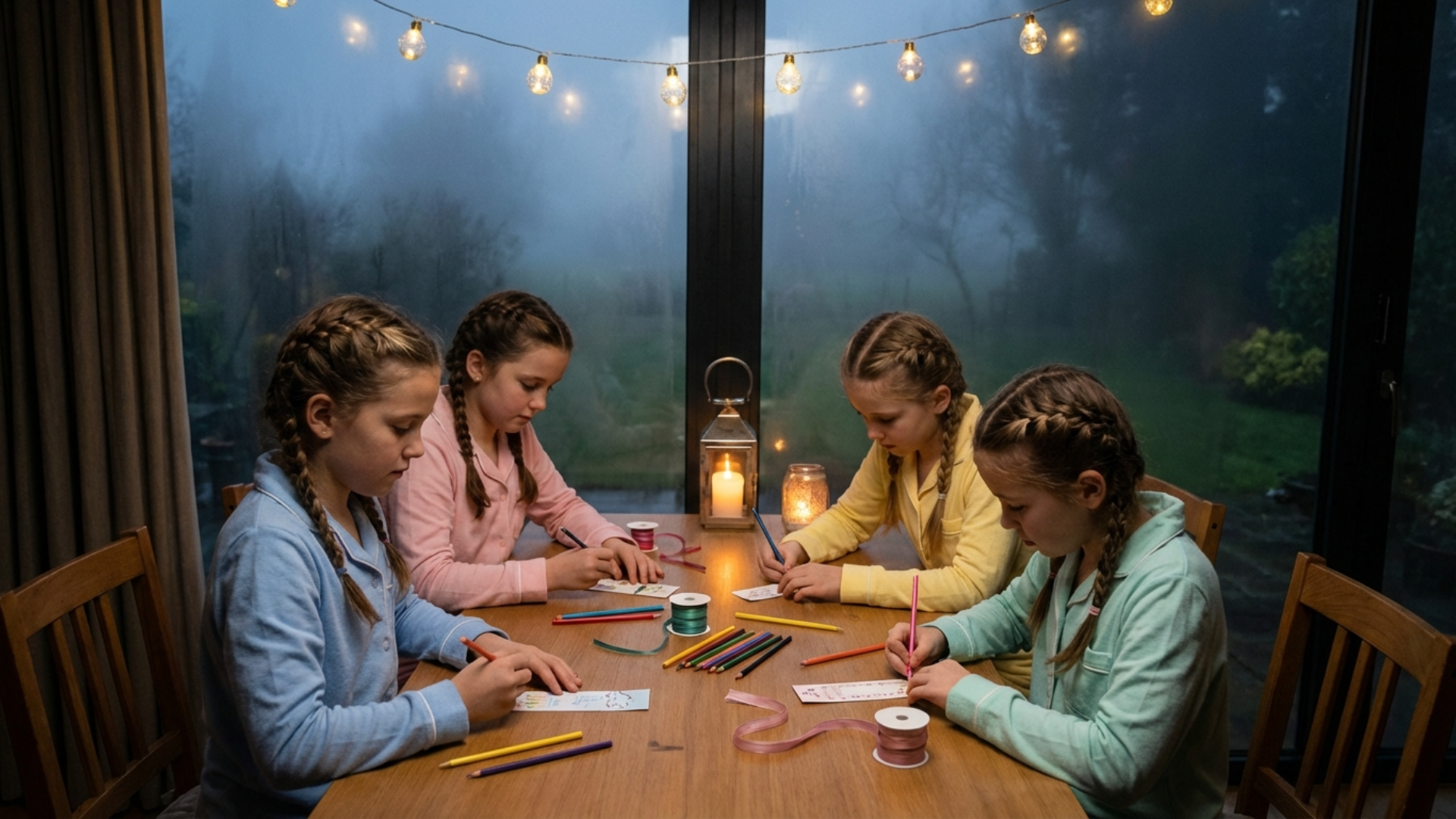 Young girls decorating bookmarks with drawings, stickers, and ribbons on a craft table