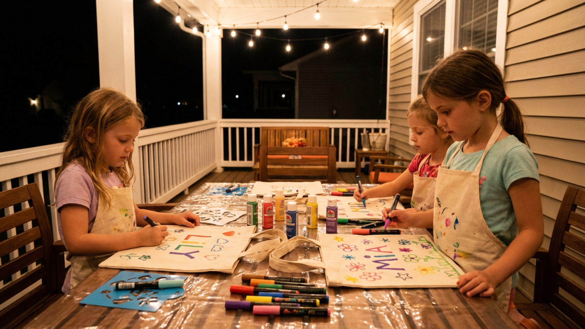 Young girls decorating canvas tote bags with paint and markers
