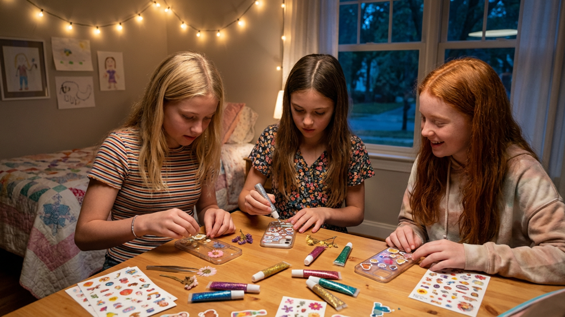 Young girls decorating clear phone cases with stickers, paint, and pressed flowers