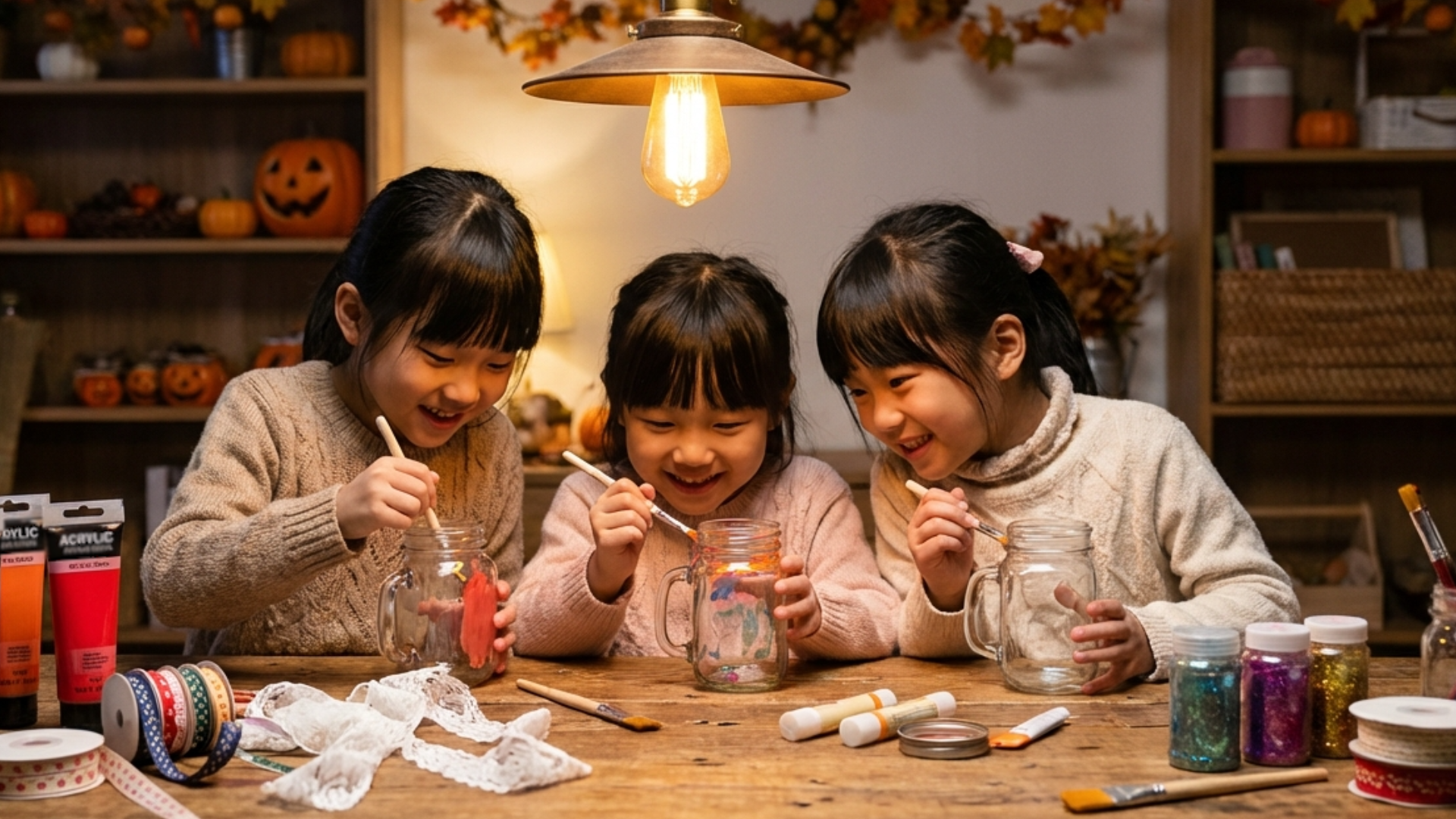 Young girls decorating mason jars with paint, ribbons, and lace, craft supplies around