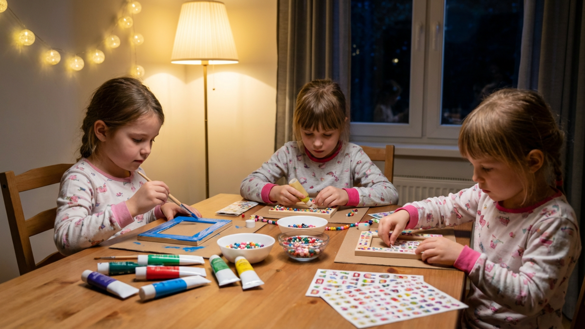 Young girls decorating photo frames with paint, beads, and stickers