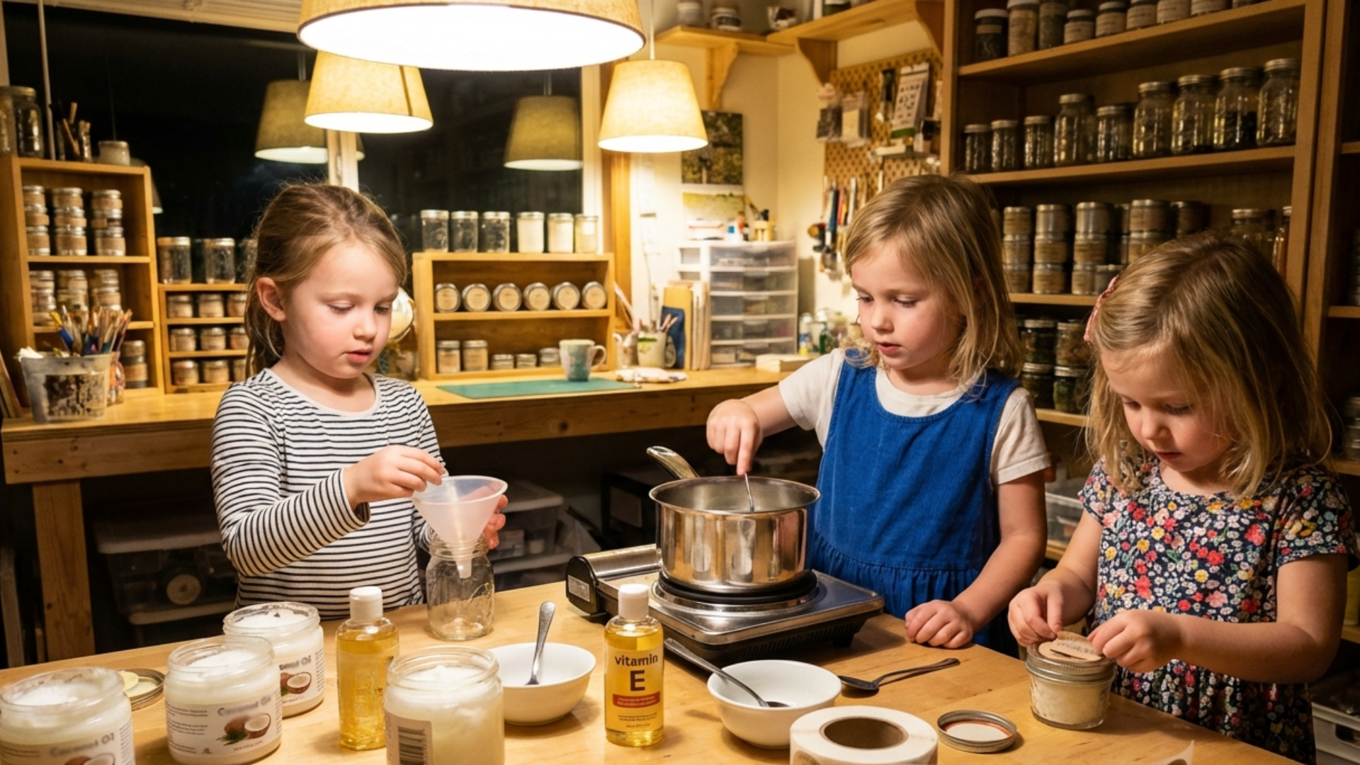 Young girls filling small jars with homemade lip balm or sugar scrub
