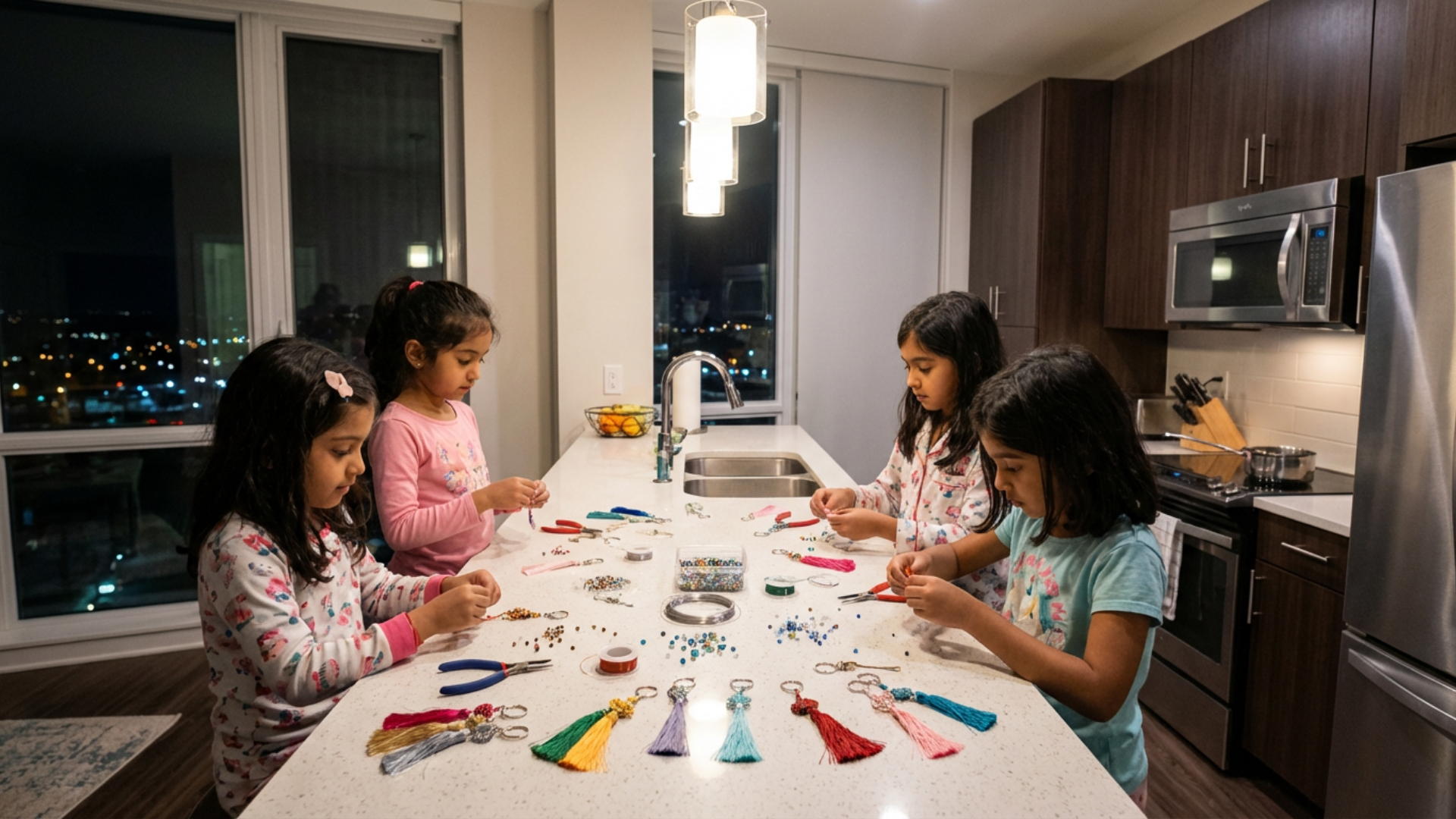 Young girls making bag charms with beads, tassels, and keychains, colorful materials