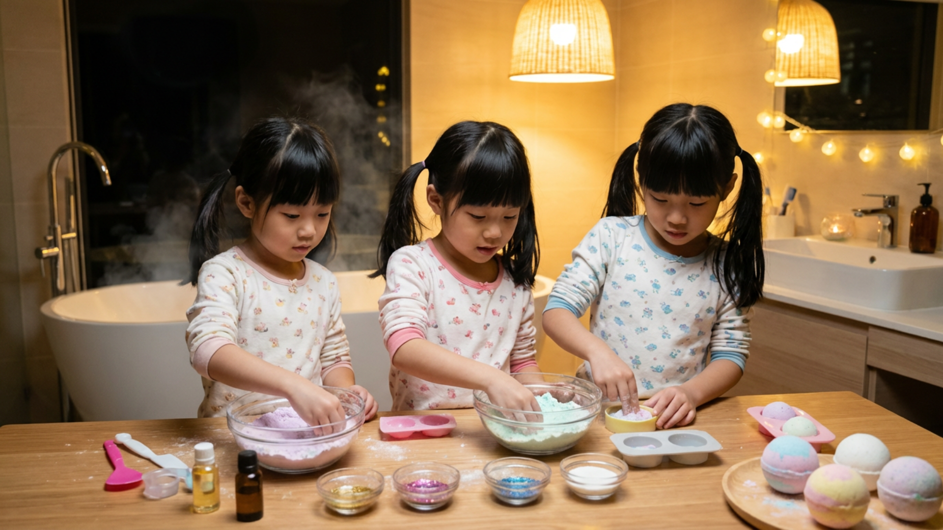 Young girls making colorful bath bombs using molds, bowls of ingredients