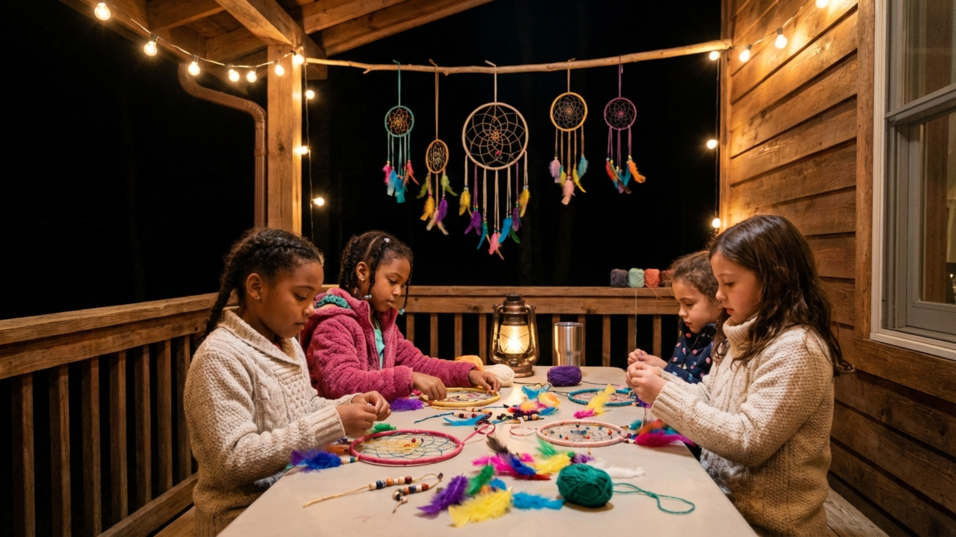 Young girls making dreamcatchers using hoops, feathers, and beads