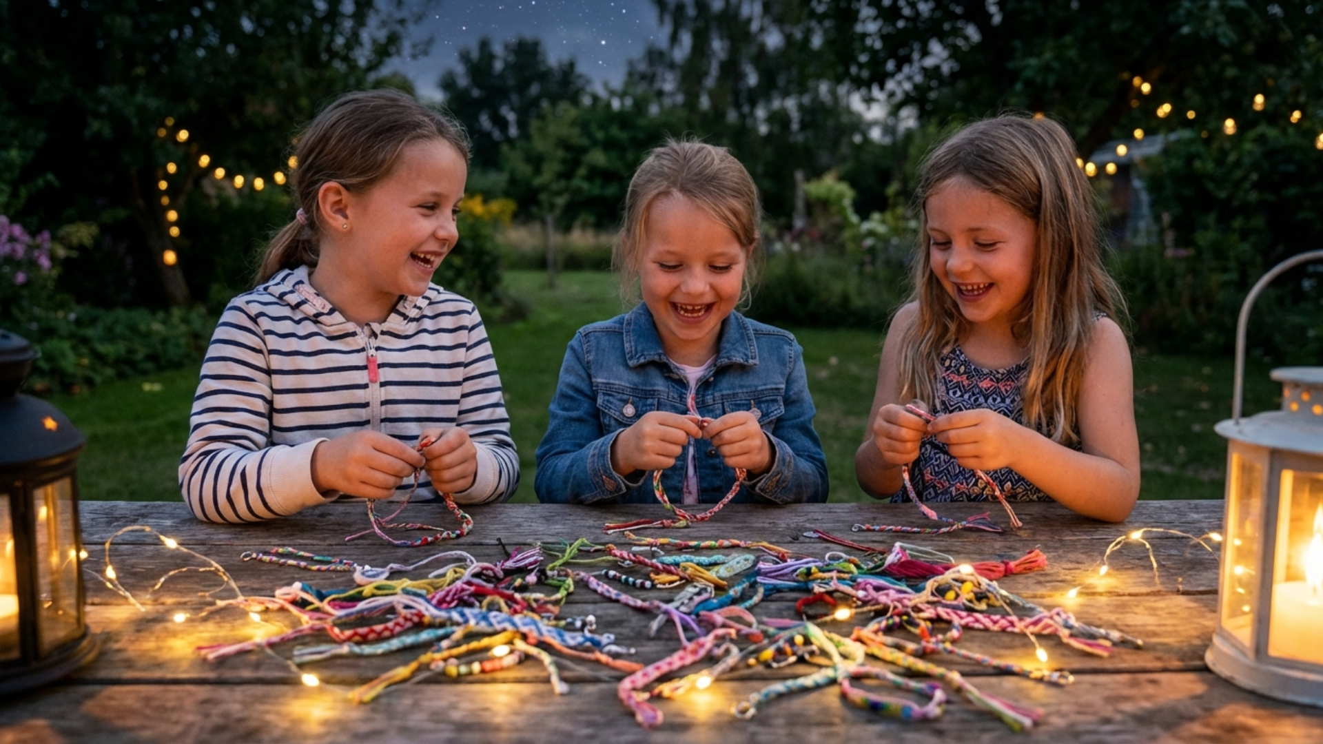 Young girls making friendship bracelets with colorful threads