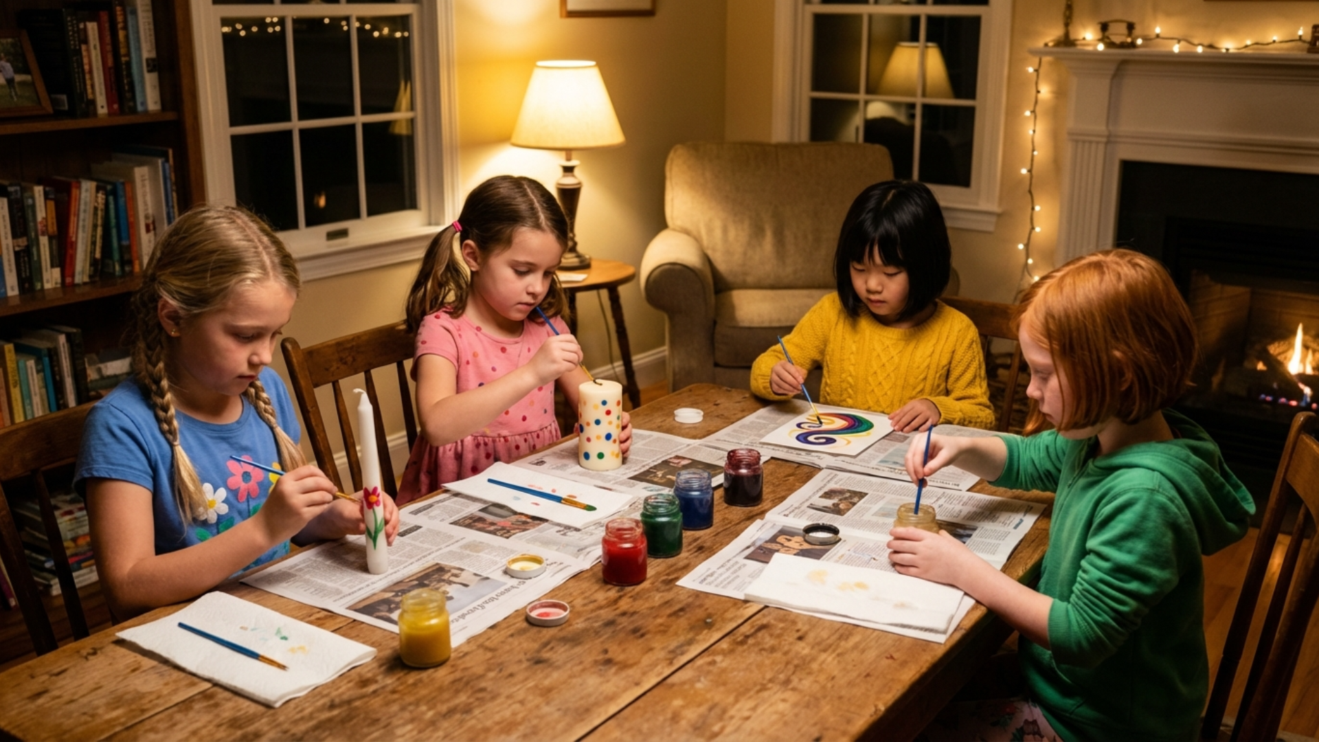 Young girls painting candles with simple floral and abstract designs, soft lighting