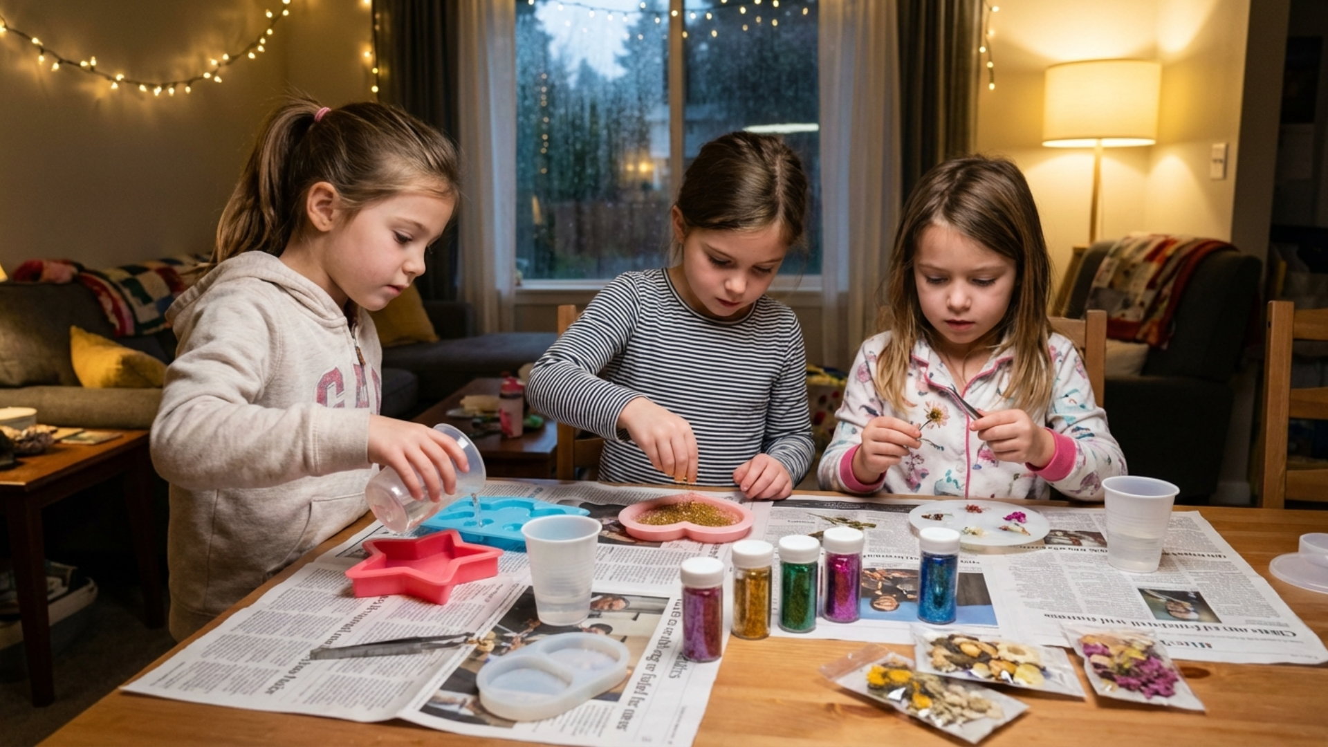 Young girls pouring resin into molds with glitter and dried flowers