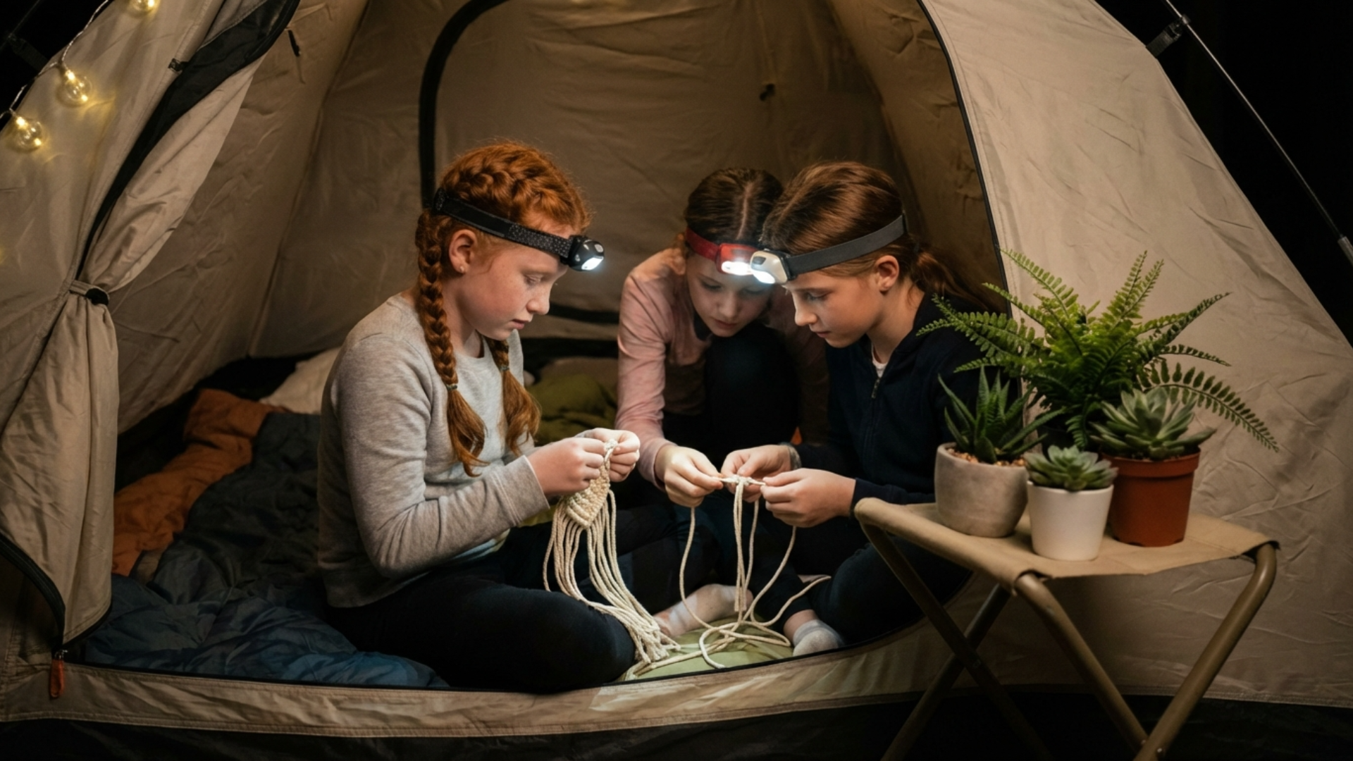 Young girls tying macramé knots with cotton cord with small plants kept nearby