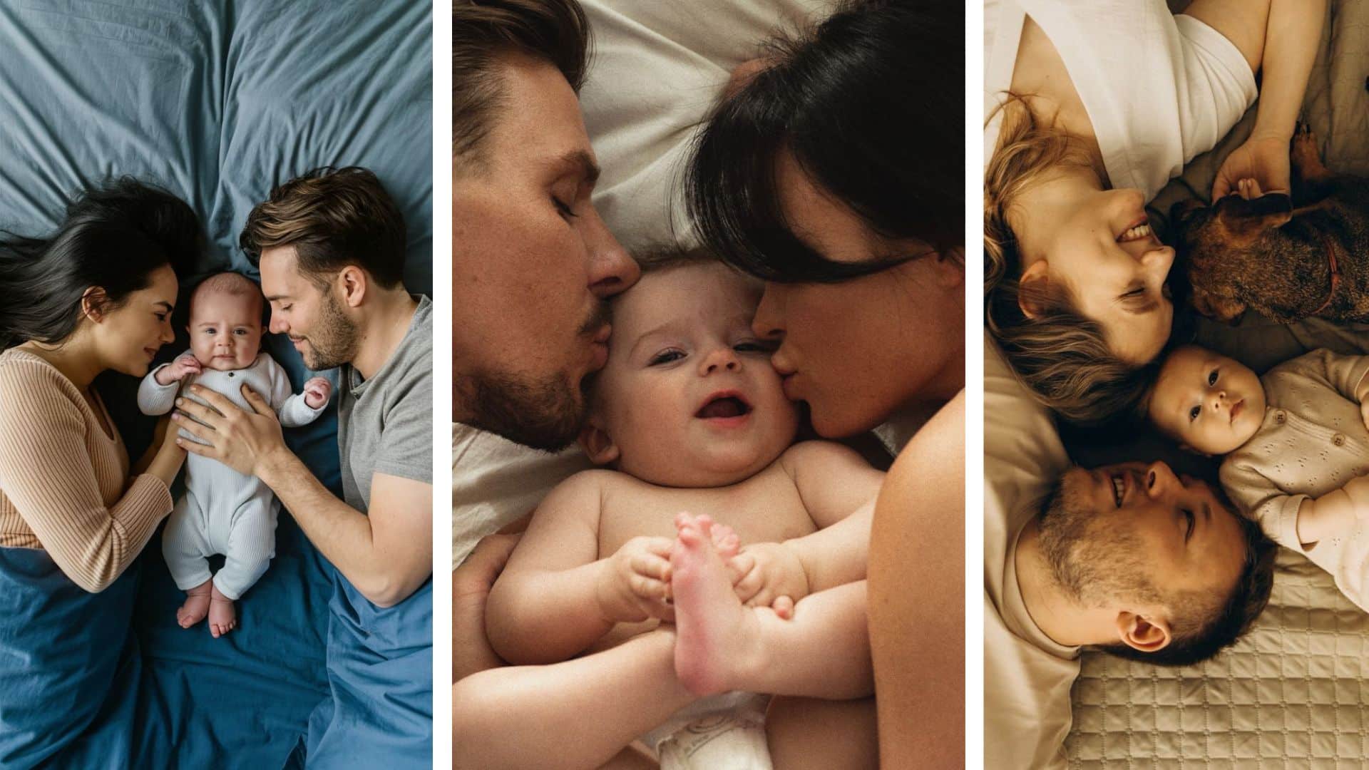 baby on a bed between both parents