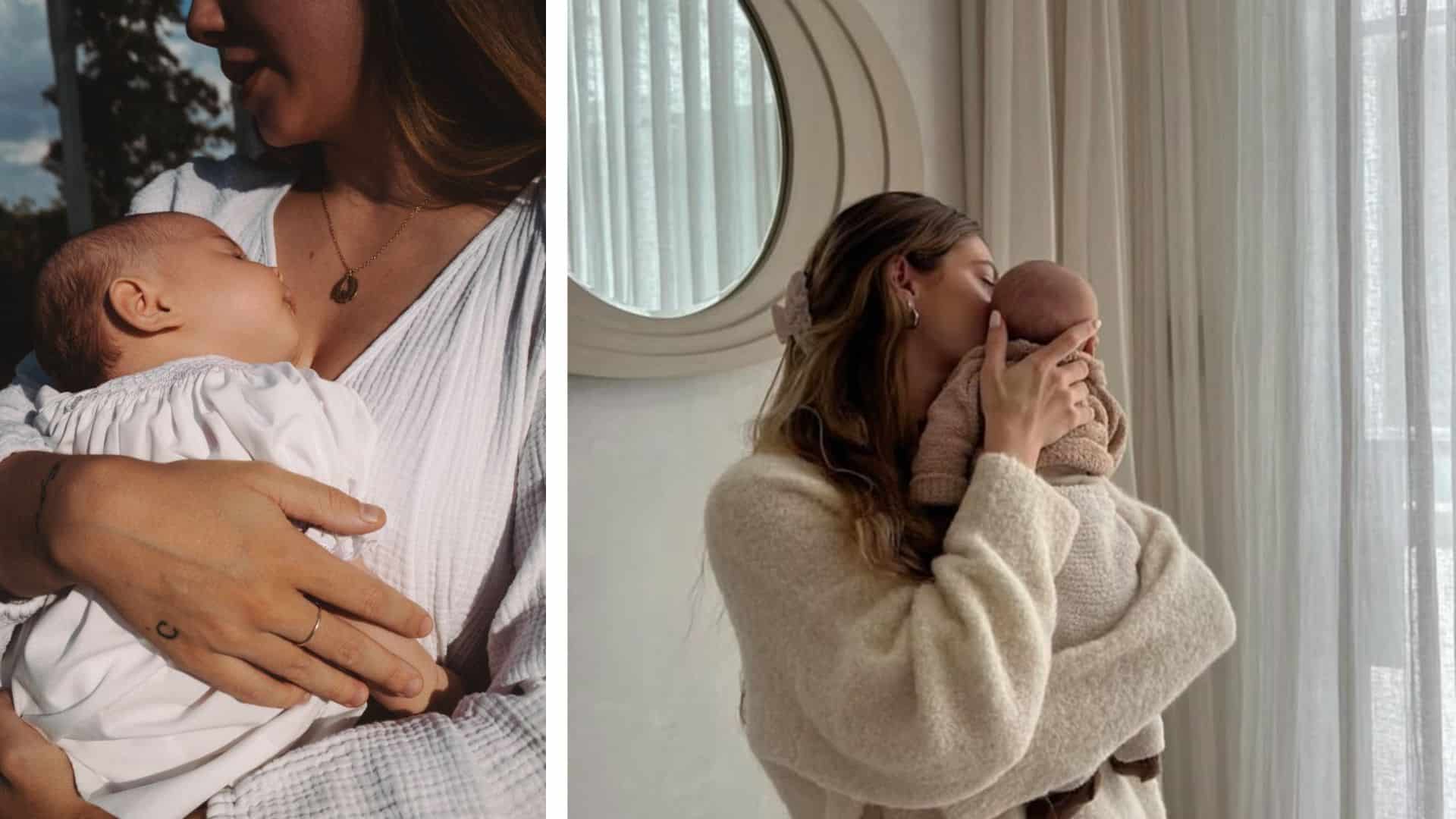 baby snuggled into mom arms