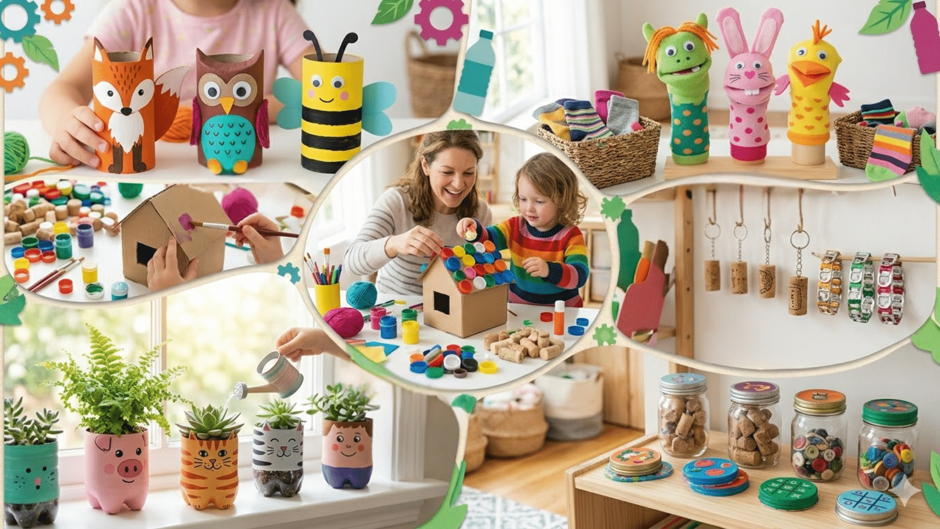 collage of kids creating crafts using household items like bottles, boxes, and paper rolls