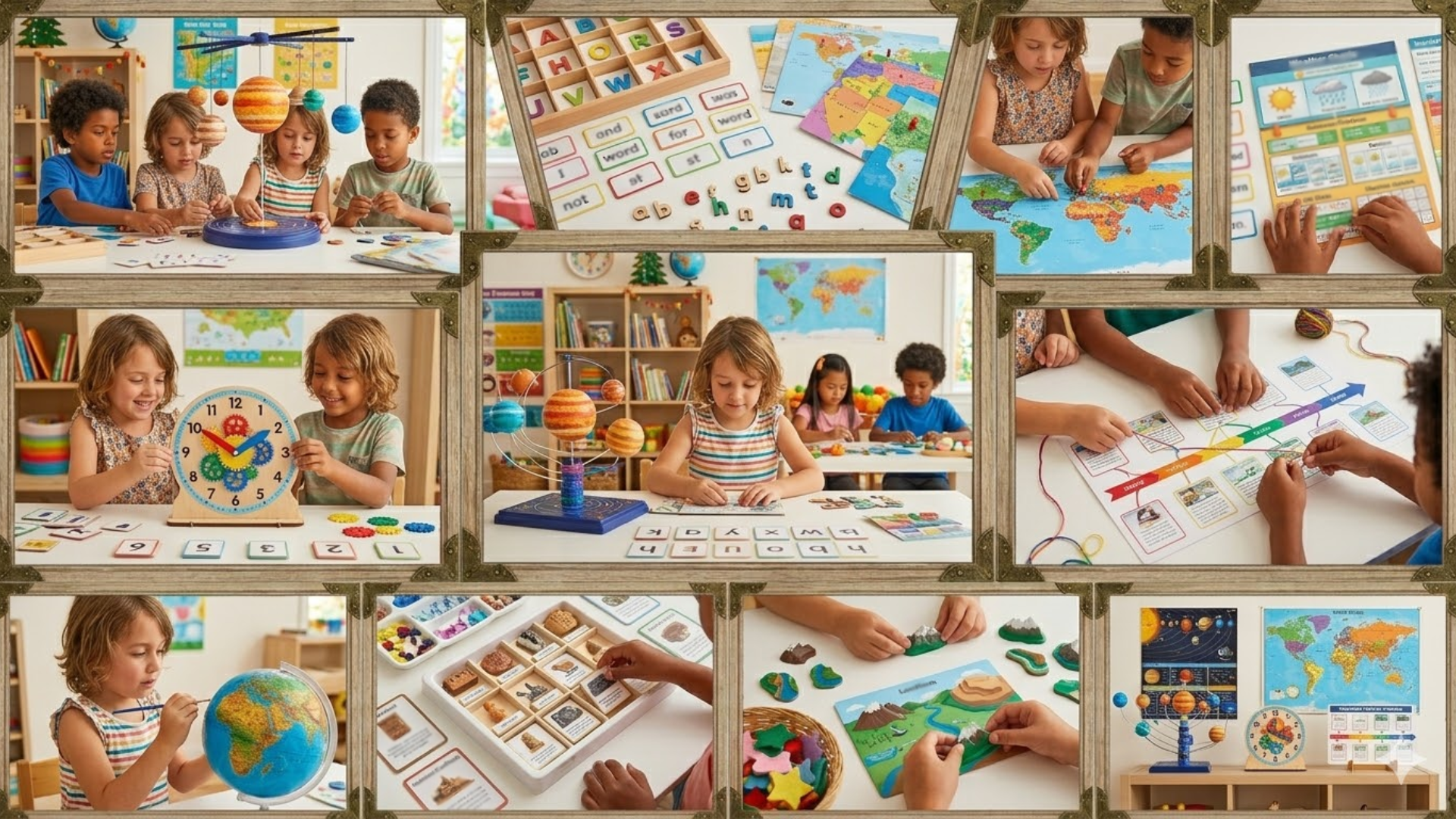 collage of kids doing educational crafts like alphabet cards, science models, and learning charts
