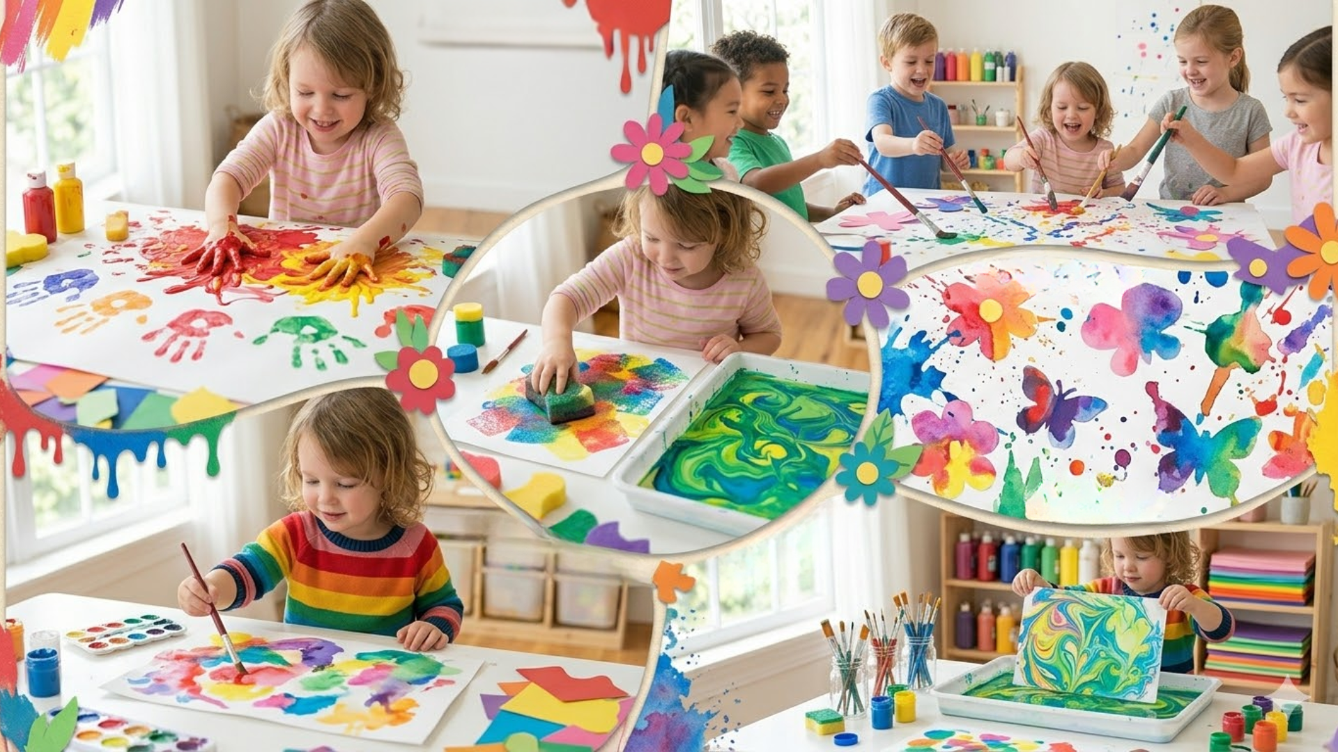 collage of kids doing painting crafts with bright colors and creative art tools