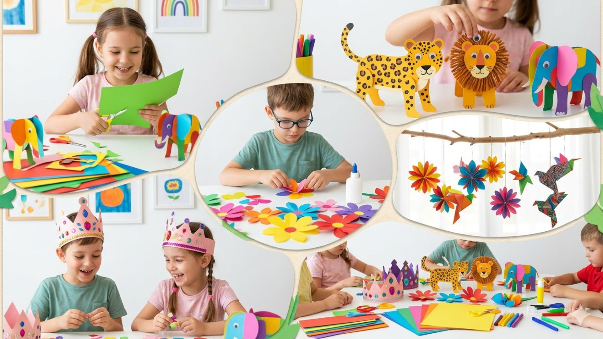 collage of kids making easy paper crafts like flowers, animals, and origami at home