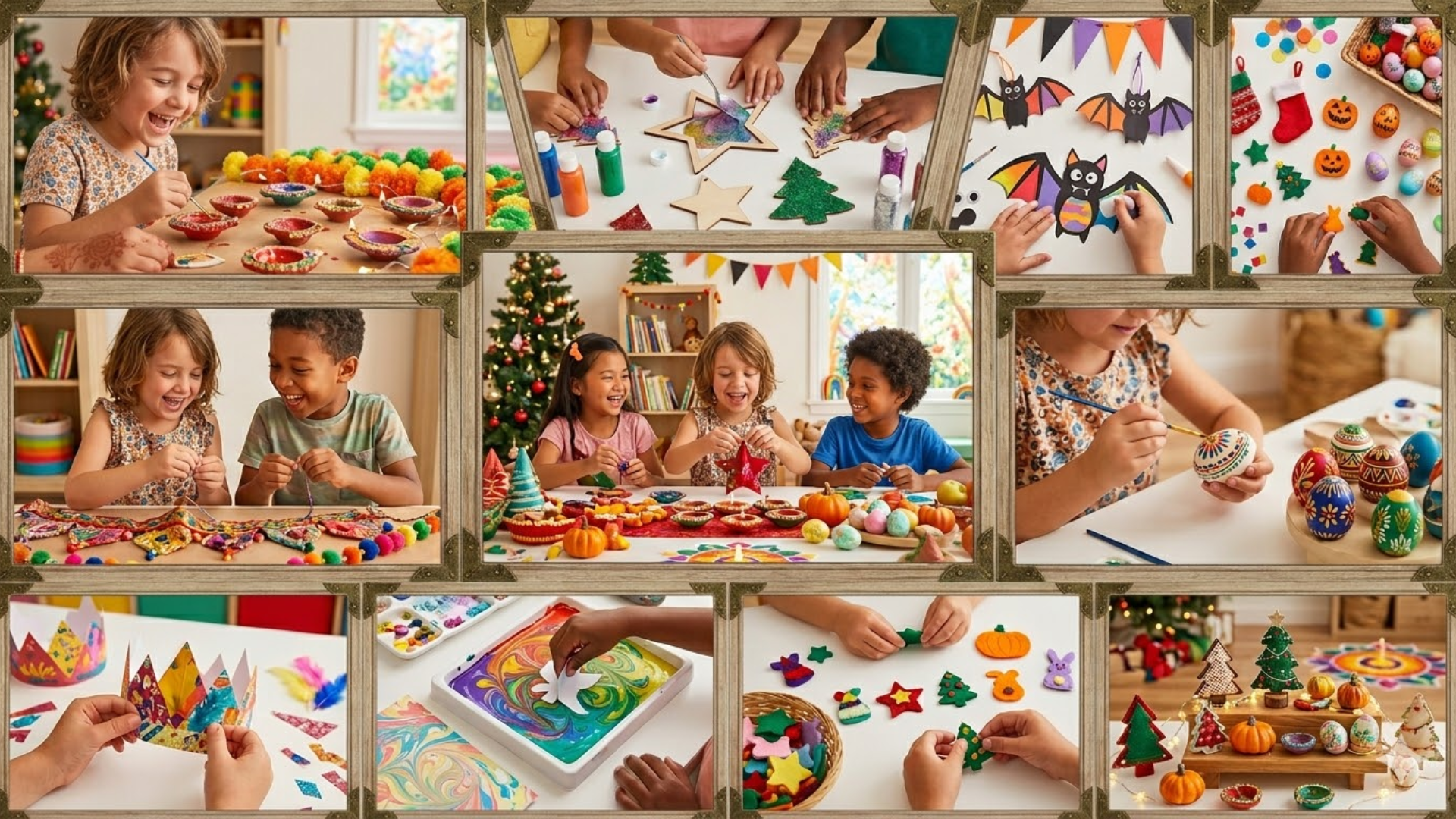 collage of kids making seasonal and holiday crafts for different celebrations
