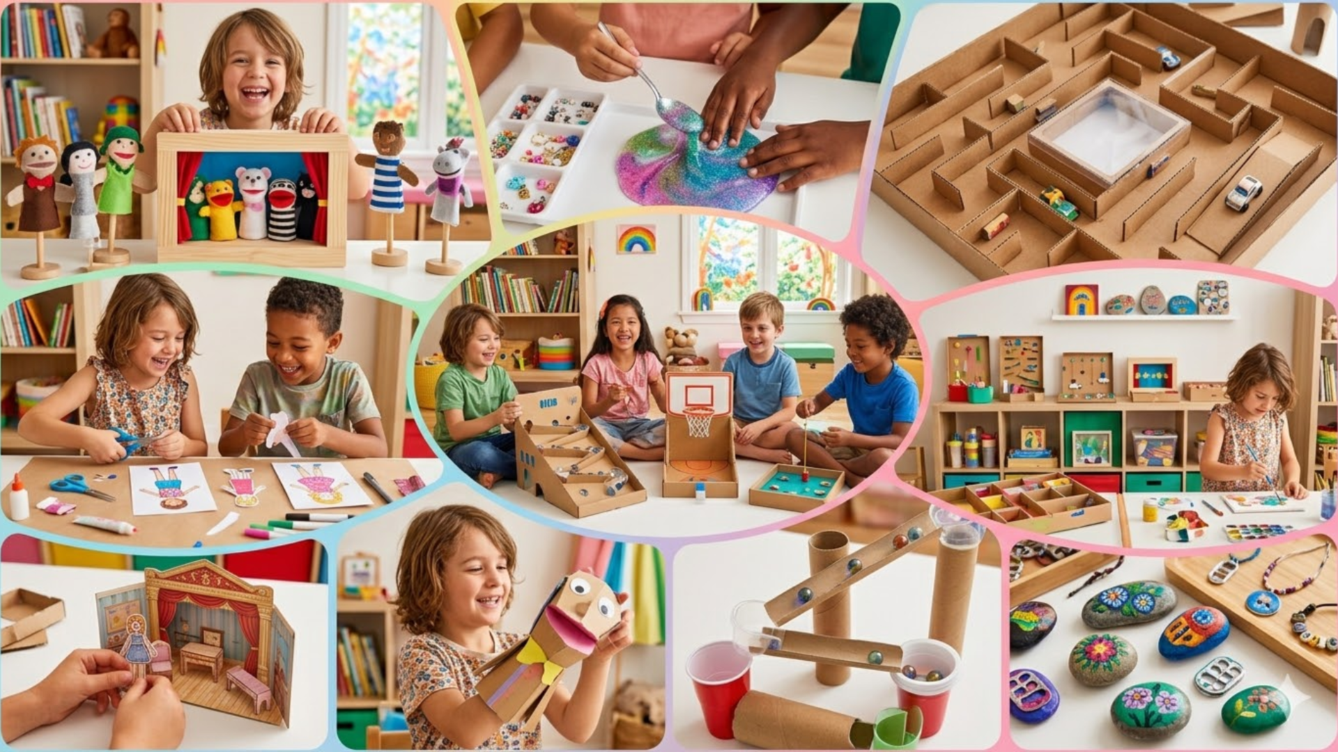 collage of kids playing with DIY crafts like puppets, slime, and handmade games