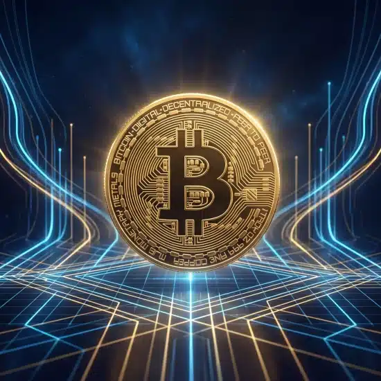 Bitcoin symbol on digital coin with glowing blue and gold lines in abstract space environment
