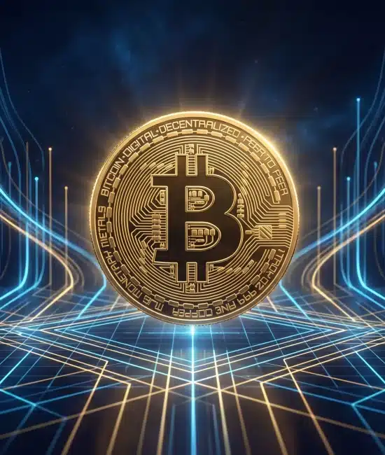 Bitcoin symbol on digital coin with glowing blue and gold lines in abstract space environment