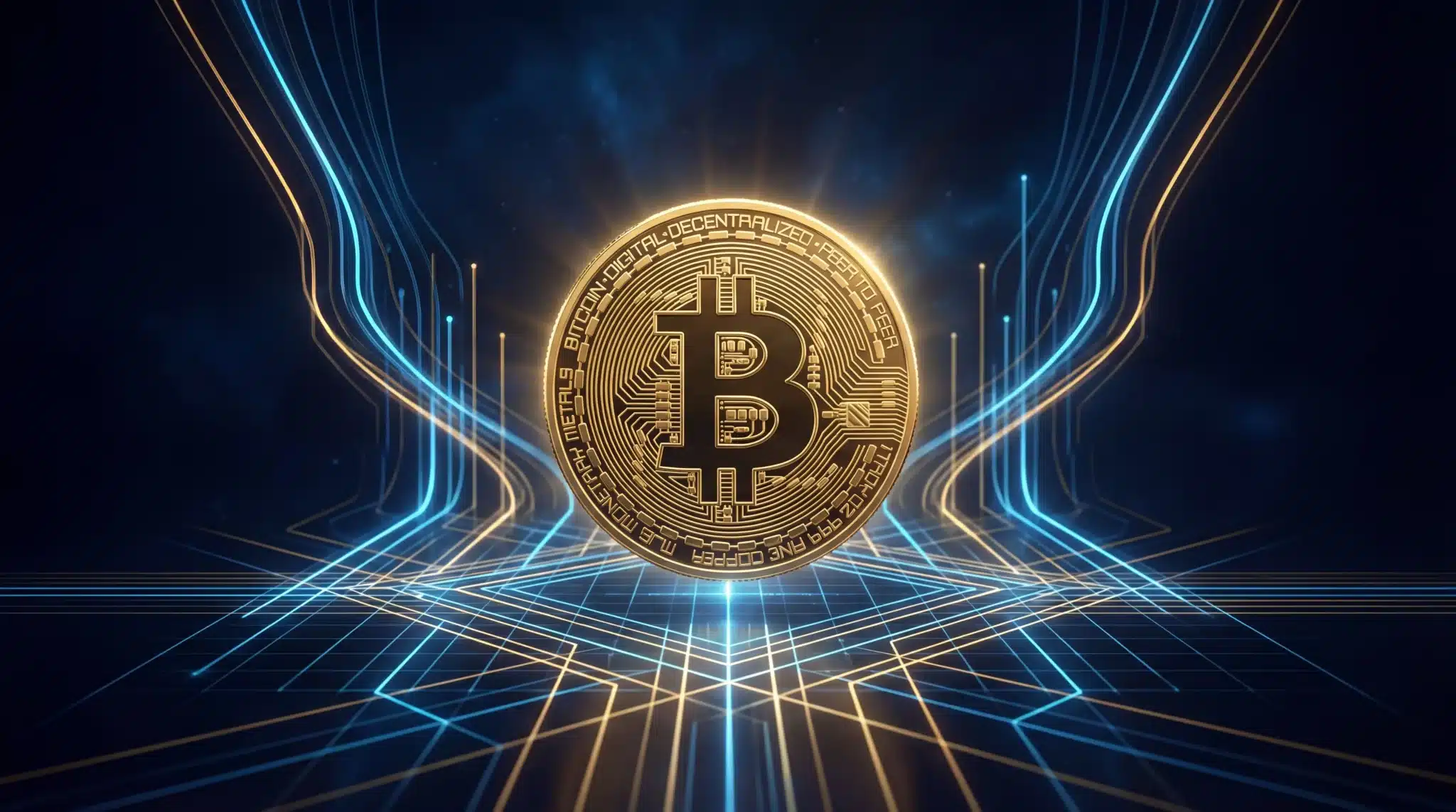 Bitcoin symbol on digital coin with glowing blue and gold lines in abstract space environment
