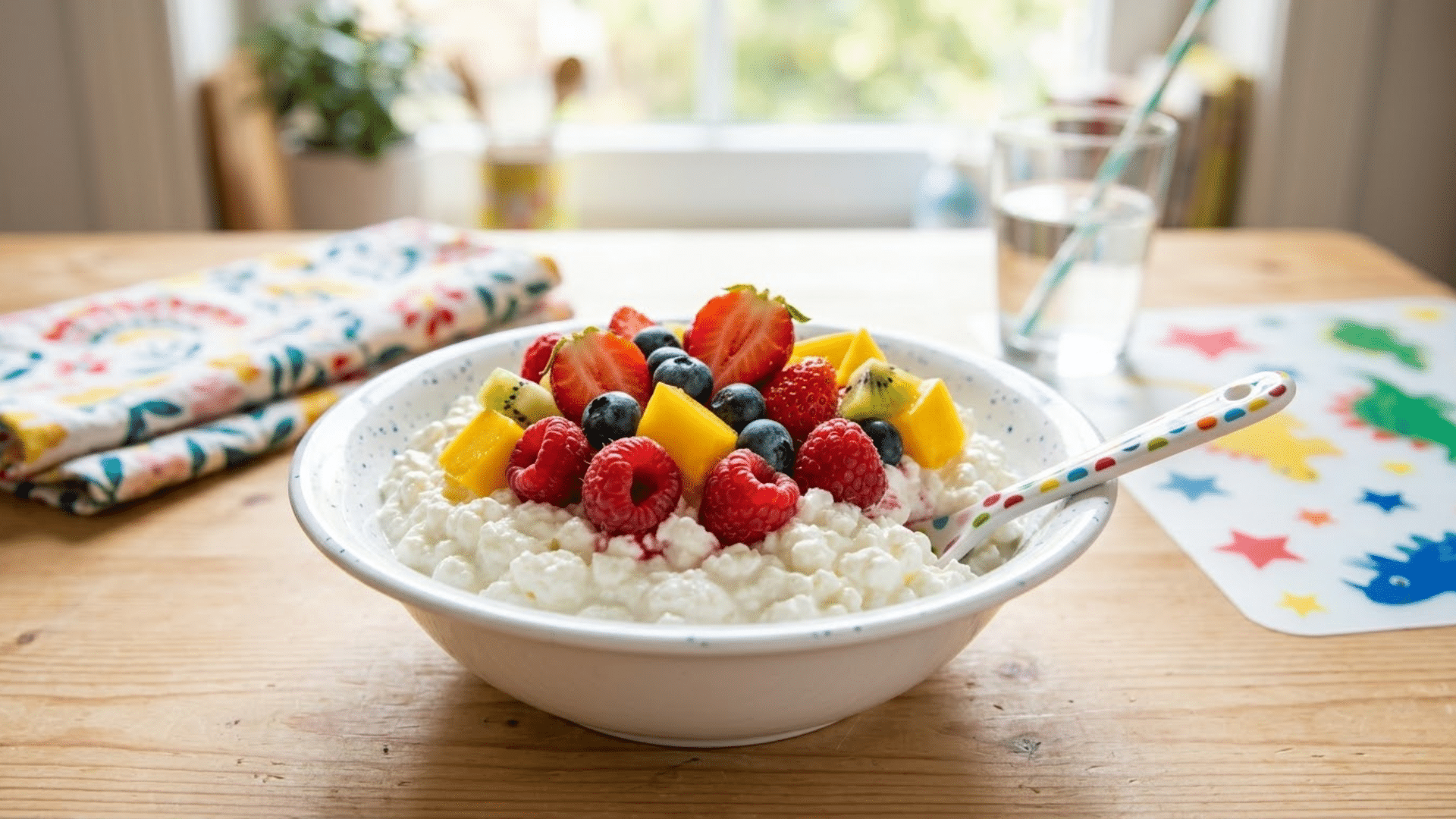 cottage cheese topped with fresh fruit, a healthy and filling snack idea for kids