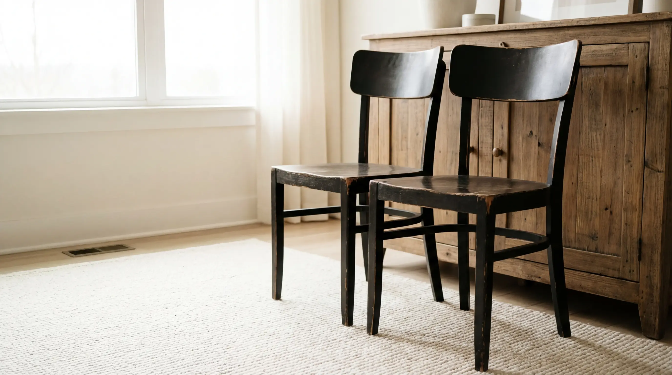 Two black wooden chairs beside rustic wooden cabinet in bright, minimalist room