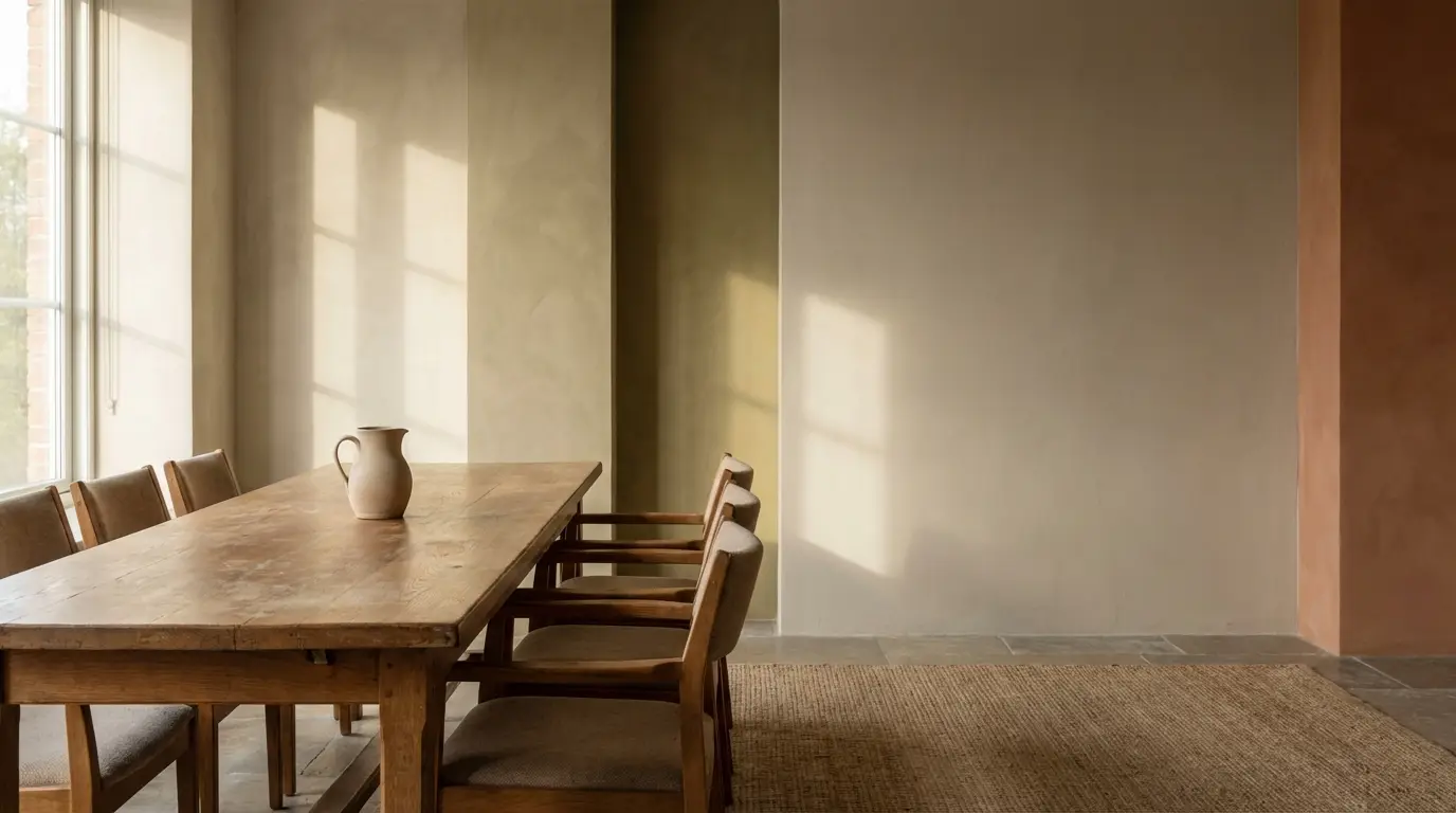 Wooden dining table with chairs and ceramic jug in sunlit minimalist room