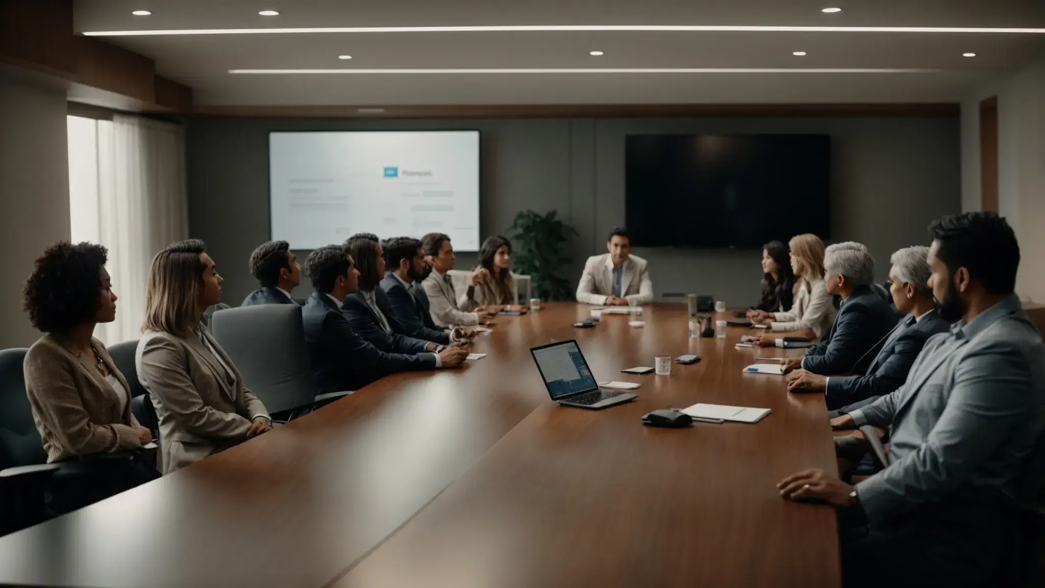 Group of professionals in a conference room meeting with laptops and presentation screen