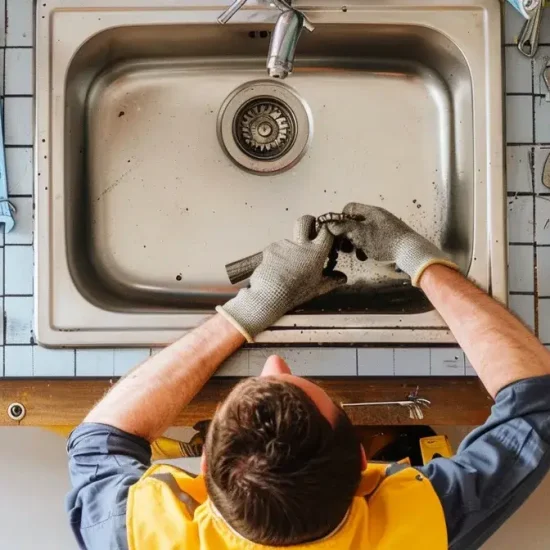 Worker repairing kitchen sink surrounded by various tools on tiled countertop from overhead view