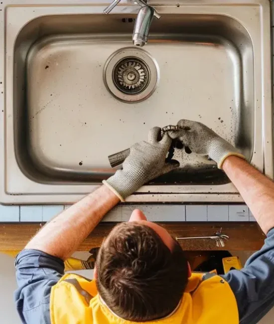 Worker repairing kitchen sink surrounded by various tools on tiled countertop from overhead view