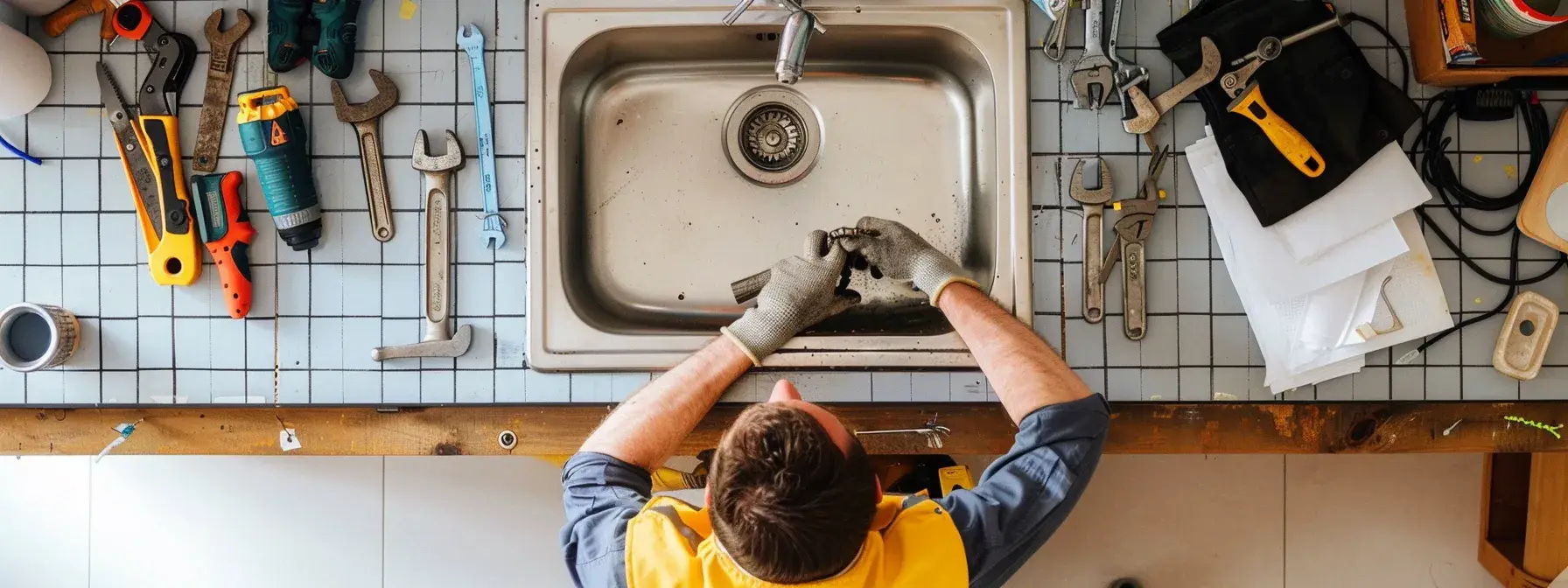Worker repairing kitchen sink surrounded by various tools on tiled countertop from overhead view