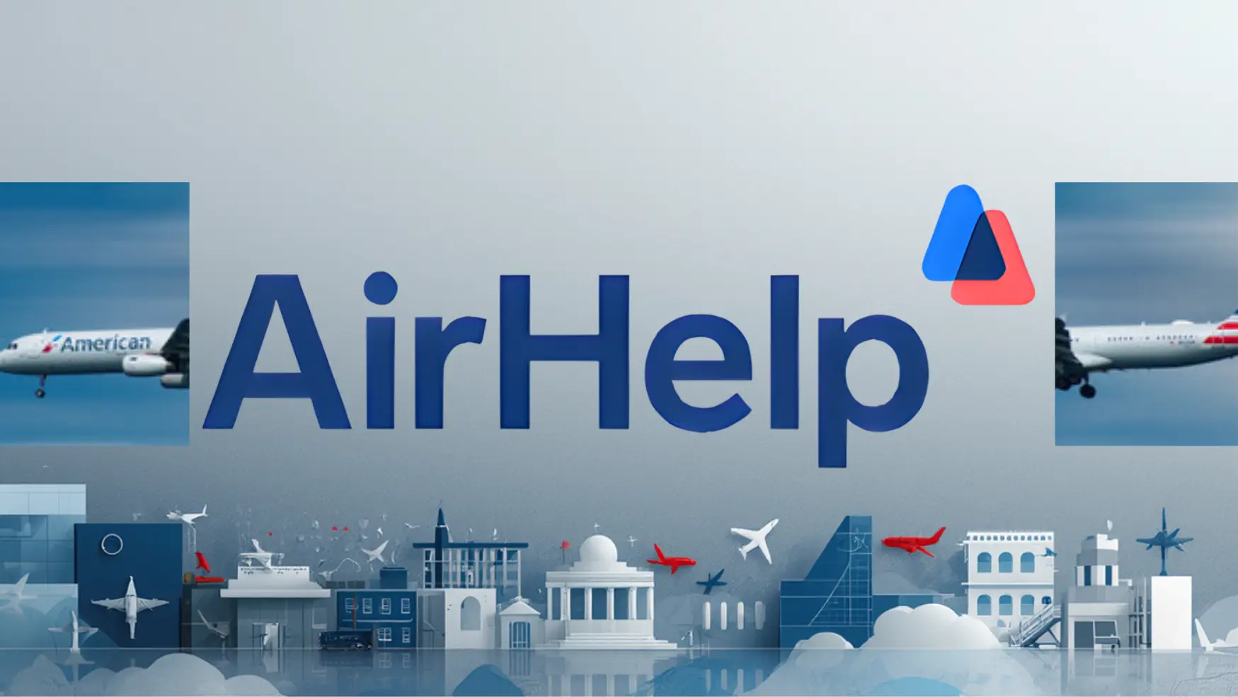 Airplanes in flight against blue sky with AirHelp logo and cityscape illustration