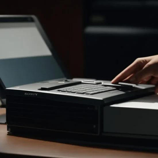 Hand pressing buttons on a vintage Sony document scanner beside laptop and coffee cups