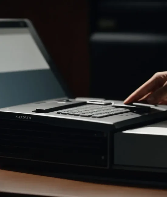 Hand pressing buttons on a vintage Sony document scanner beside laptop and coffee cups