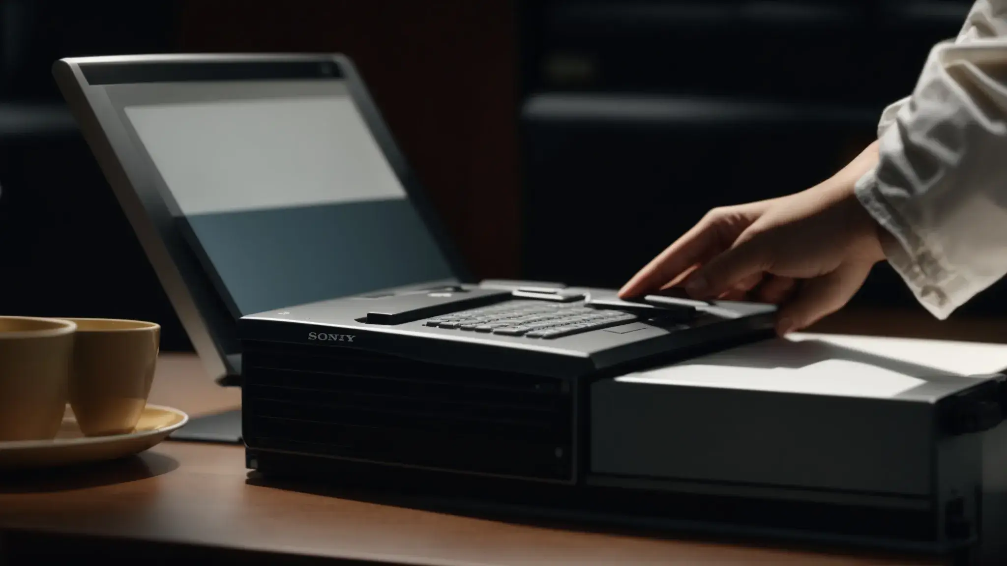 Hand pressing buttons on a vintage Sony document scanner beside laptop and coffee cups