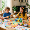 kids doing fun craft activities at a table with colorful materials at home