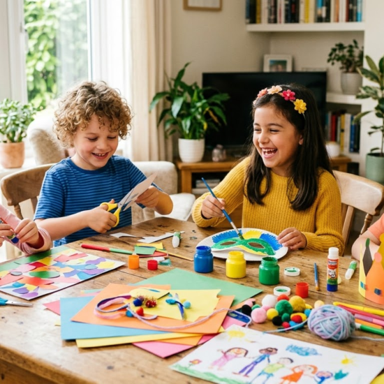 kids doing fun craft activities at a table with colorful materials at home