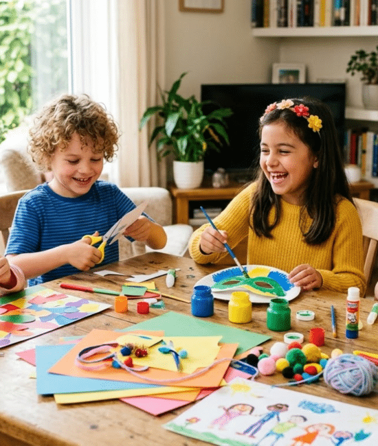 kids doing fun craft activities at a table with colorful materials at home