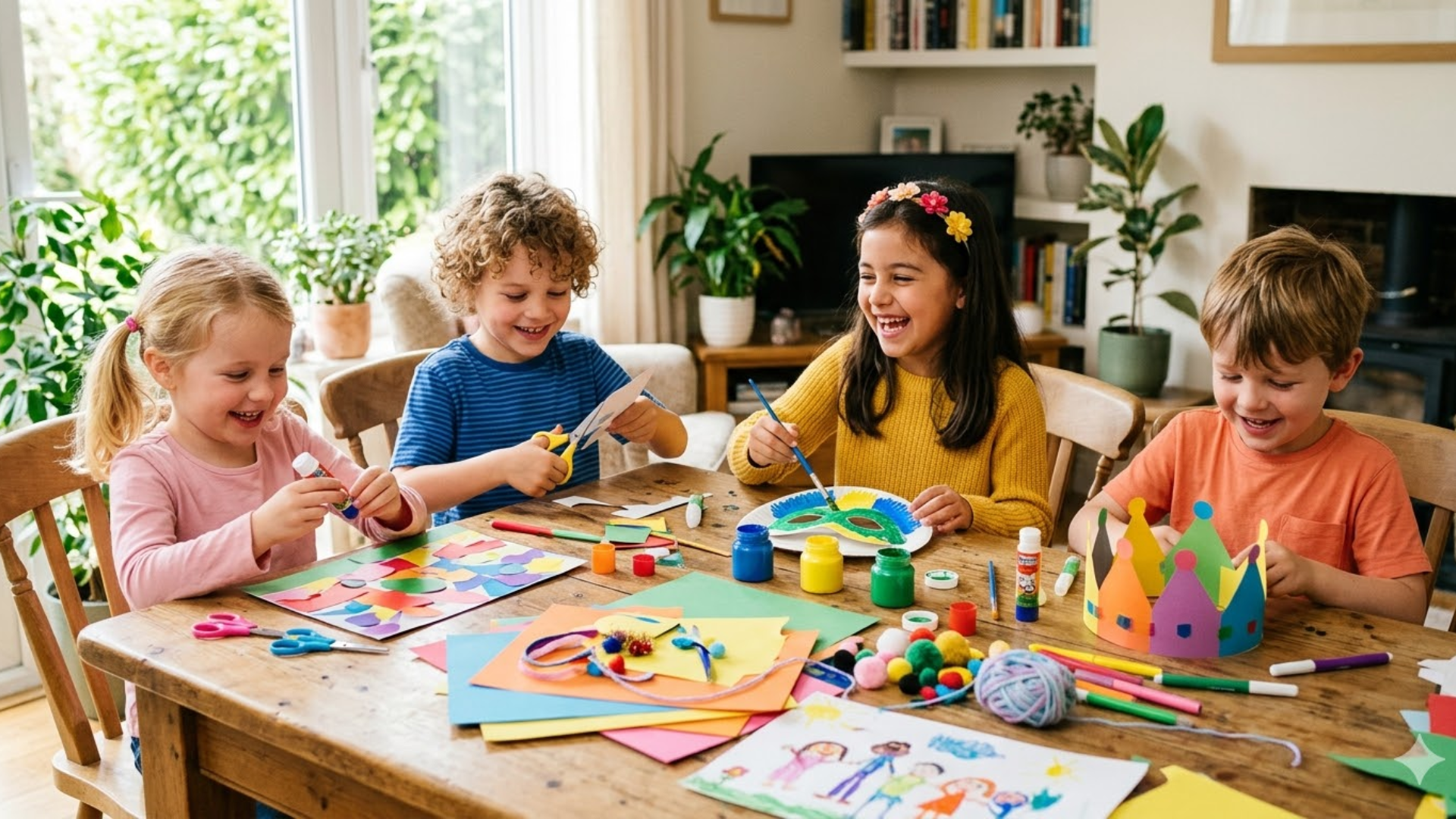 kids doing fun craft activities at a table with colorful materials at home